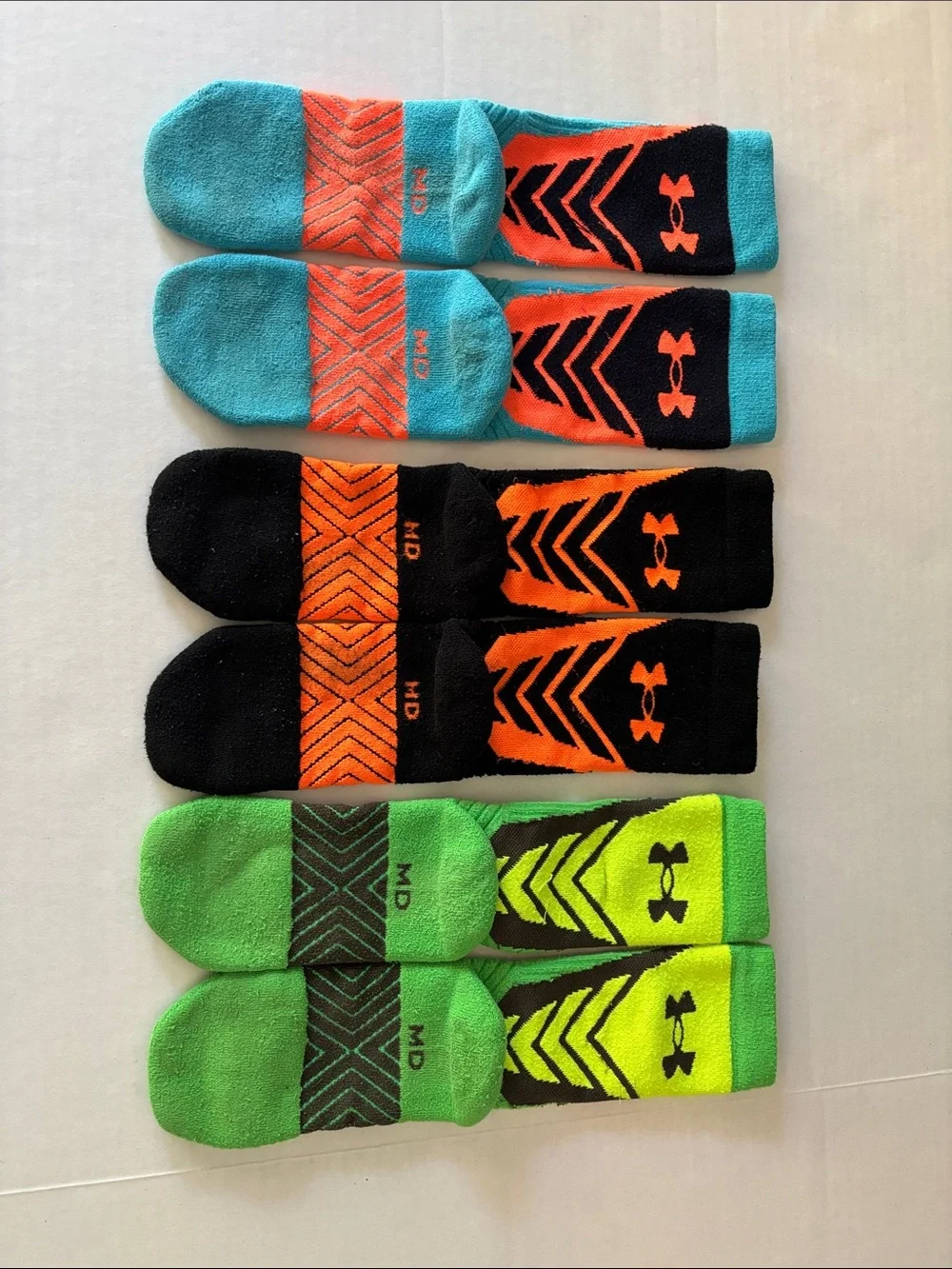 Under Armour Boys YM 3-Pack Athletic Socks in Teal, Black, Neon Green & Orange